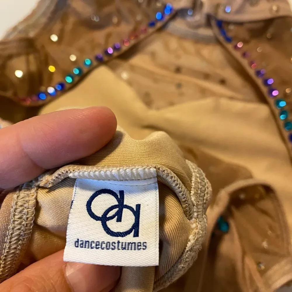 AA dance design costume solo tan beige nude illusion custom rhinestone ombre S
